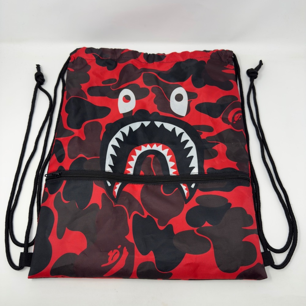 BAPE Shark Drawstring Backpack Red‎ Black Camo Zipper Pocket Streetwear Bag